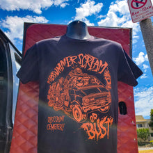 Load image into Gallery viewer, MIDSUMMER OR BUST! black tee shirt orange ink