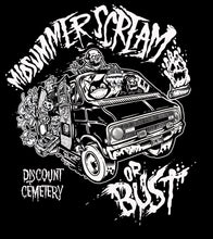 Load image into Gallery viewer, MIDSUMMER OR BUST! black tee shirt orange ink
