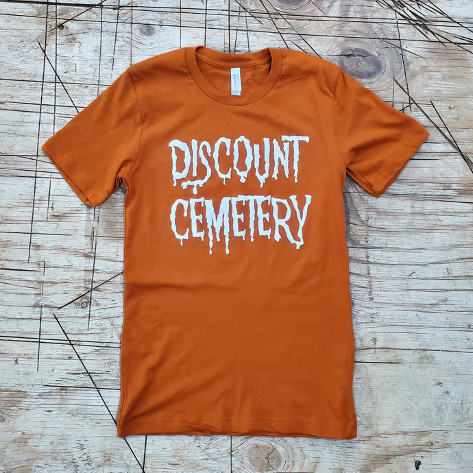 DISCOUNT CEMETERY logo autumn tee (XS,S,4X)