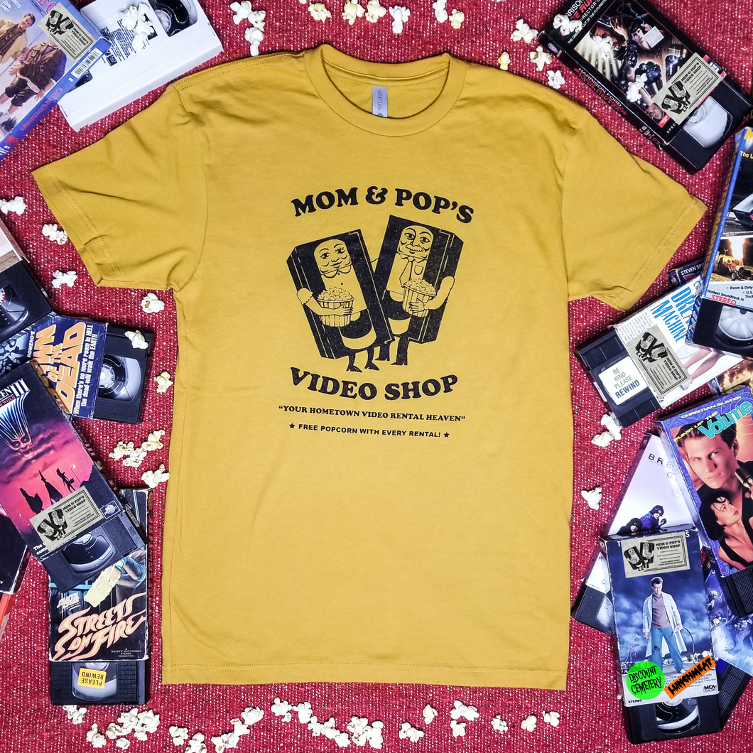 MOM AND POP'S VIDEO yellow tee - Discount Cemetery